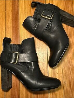 See By Chloe Black Leather Buckle Block Heel Booties